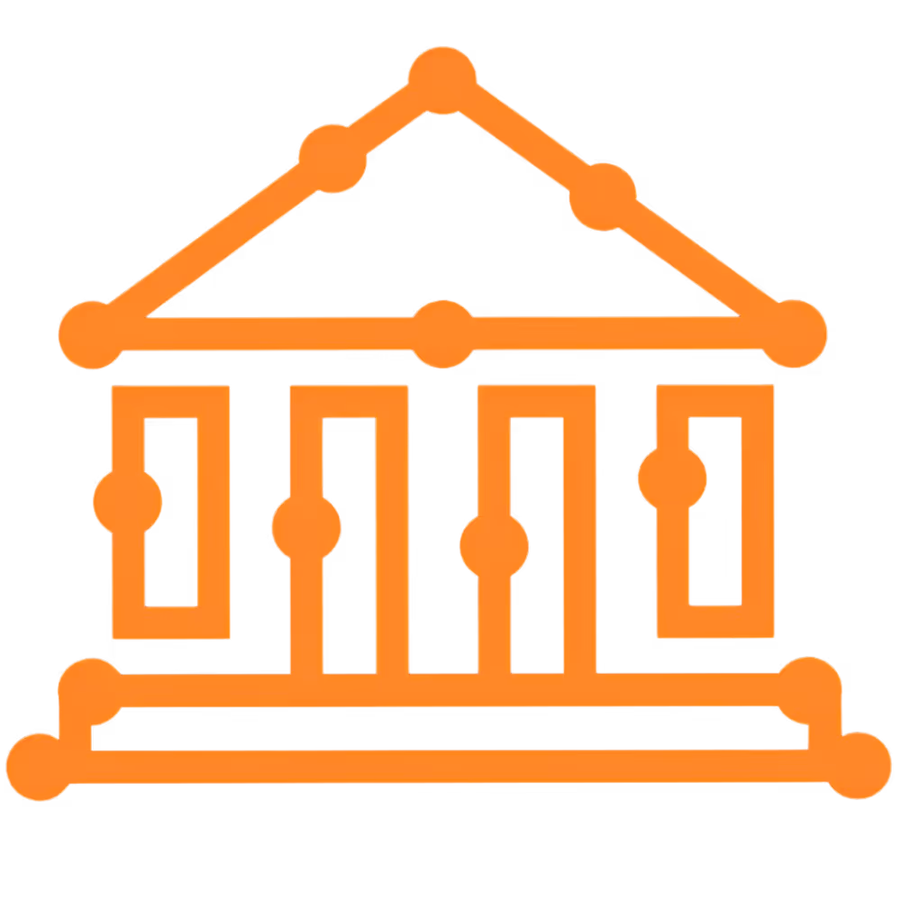 Oranje icoon van een huisvorm met verbonden knooppunten die technische verbindingen voorstellen.