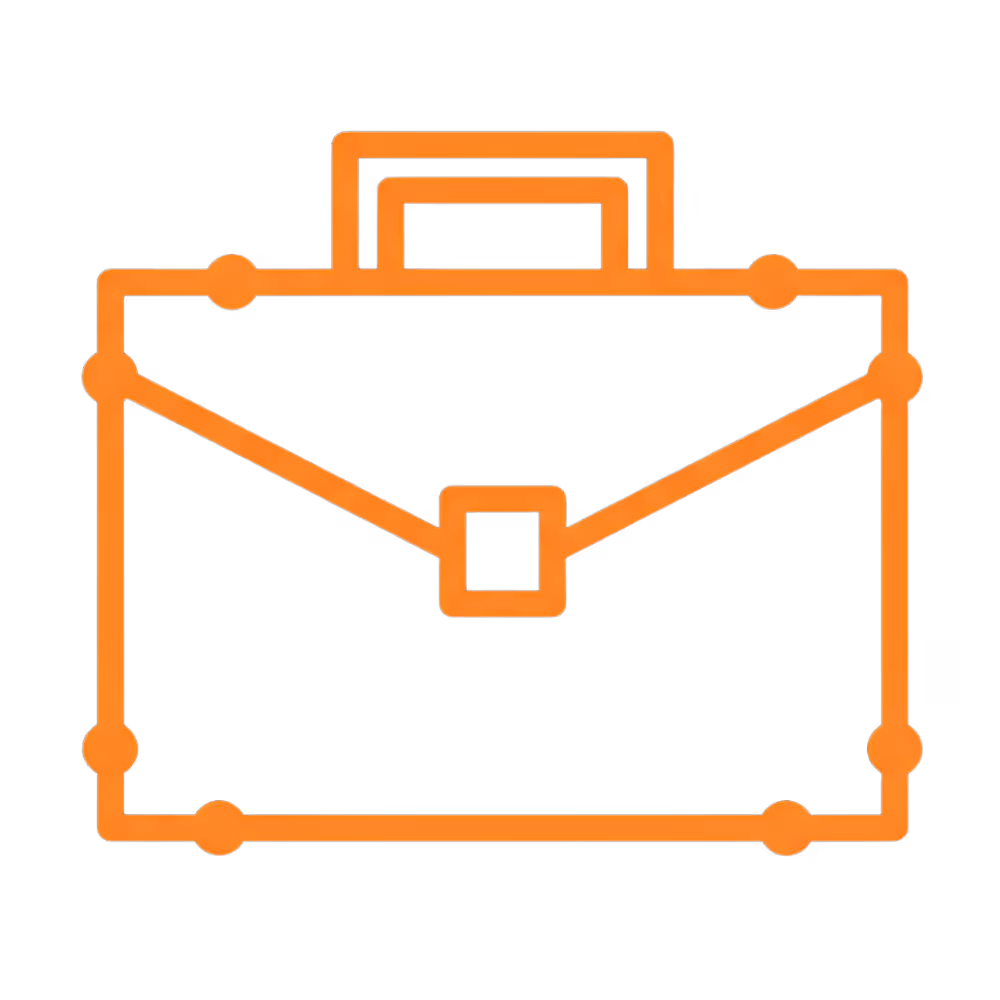 Oranje pictogram van een aktetas met verbindingspunten op een zwarte achtergrond.