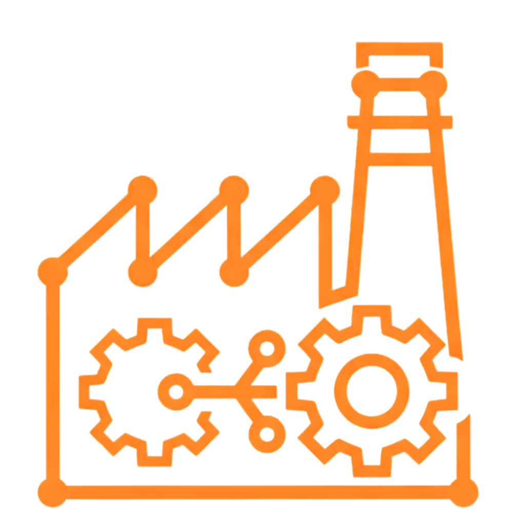 Oranje icoon van een fabriek met technische tandwielen die automatisering of industrie symboliseren.