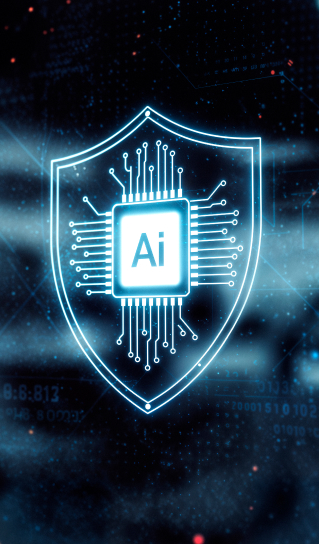 Glowing digital shield with a microchip labeled 'Ai' surrounded by circuit lines on a dark tech background.