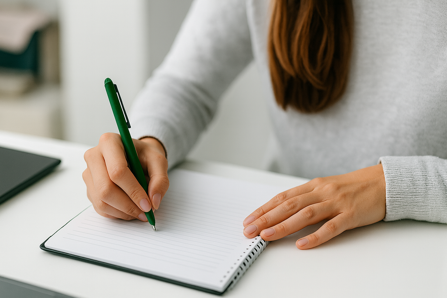 Person writing in a spiral-bound notebook with a green pen on a white desk.