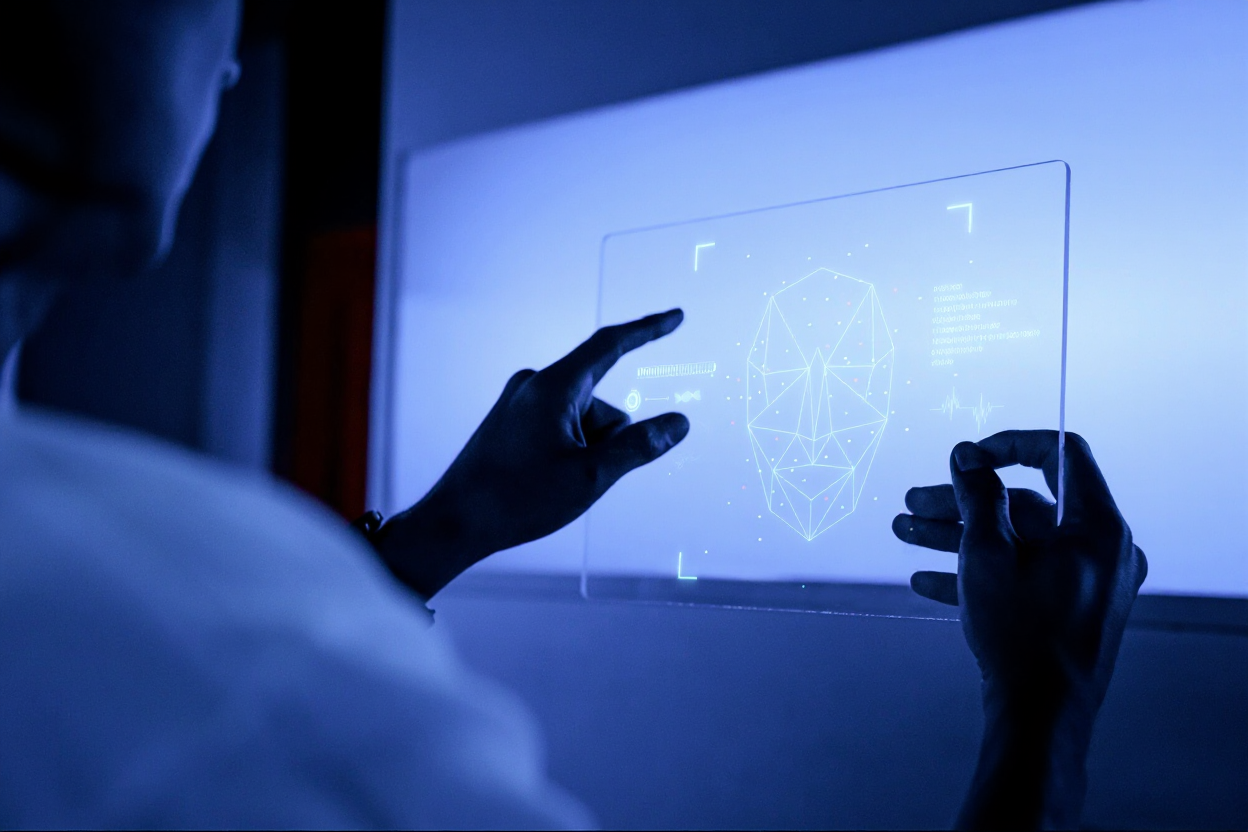 Person interacting with a transparent digital screen displaying a geometric facial recognition pattern.