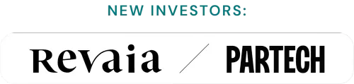 New investors text above logos of Revaia and Partech on a white rounded rectangle background.