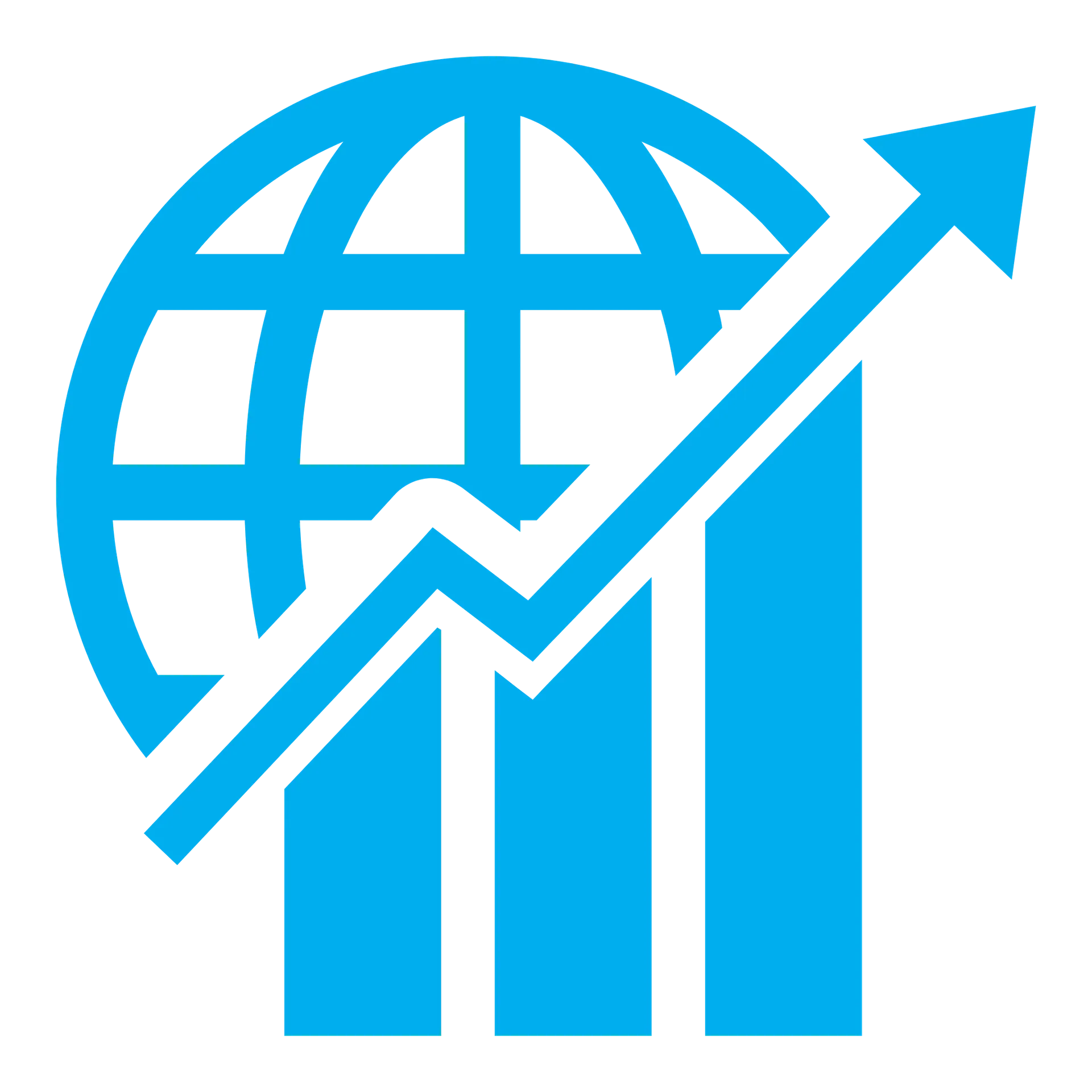 Blue globe icon combined with an upward trending arrow and bar chart representing global growth.