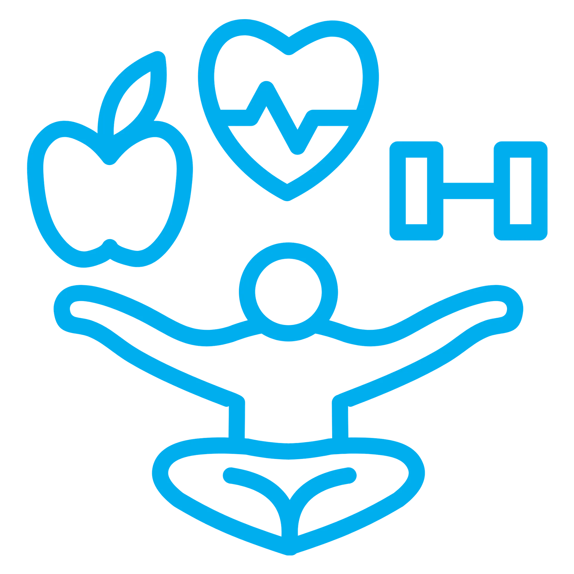 Blue line art of a person sitting cross-legged with arms stretched out, surrounded by an apple, a heart with pulse line, and a dumbbell representing health and wellness.