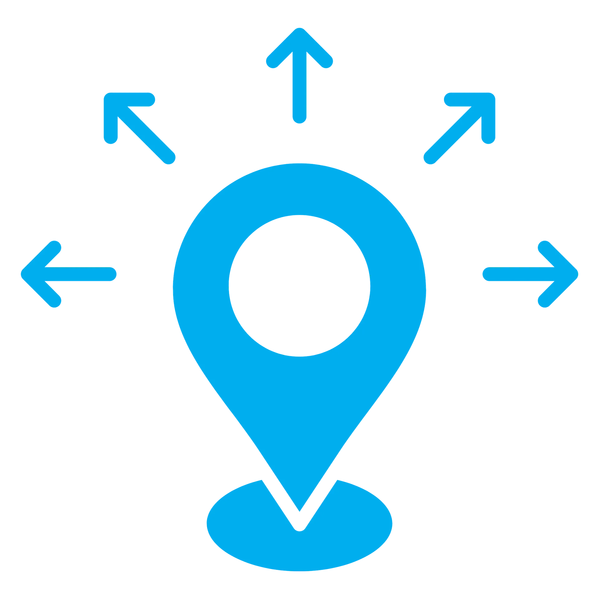 Blue location pin icon with arrows pointing outward in multiple directions around it.