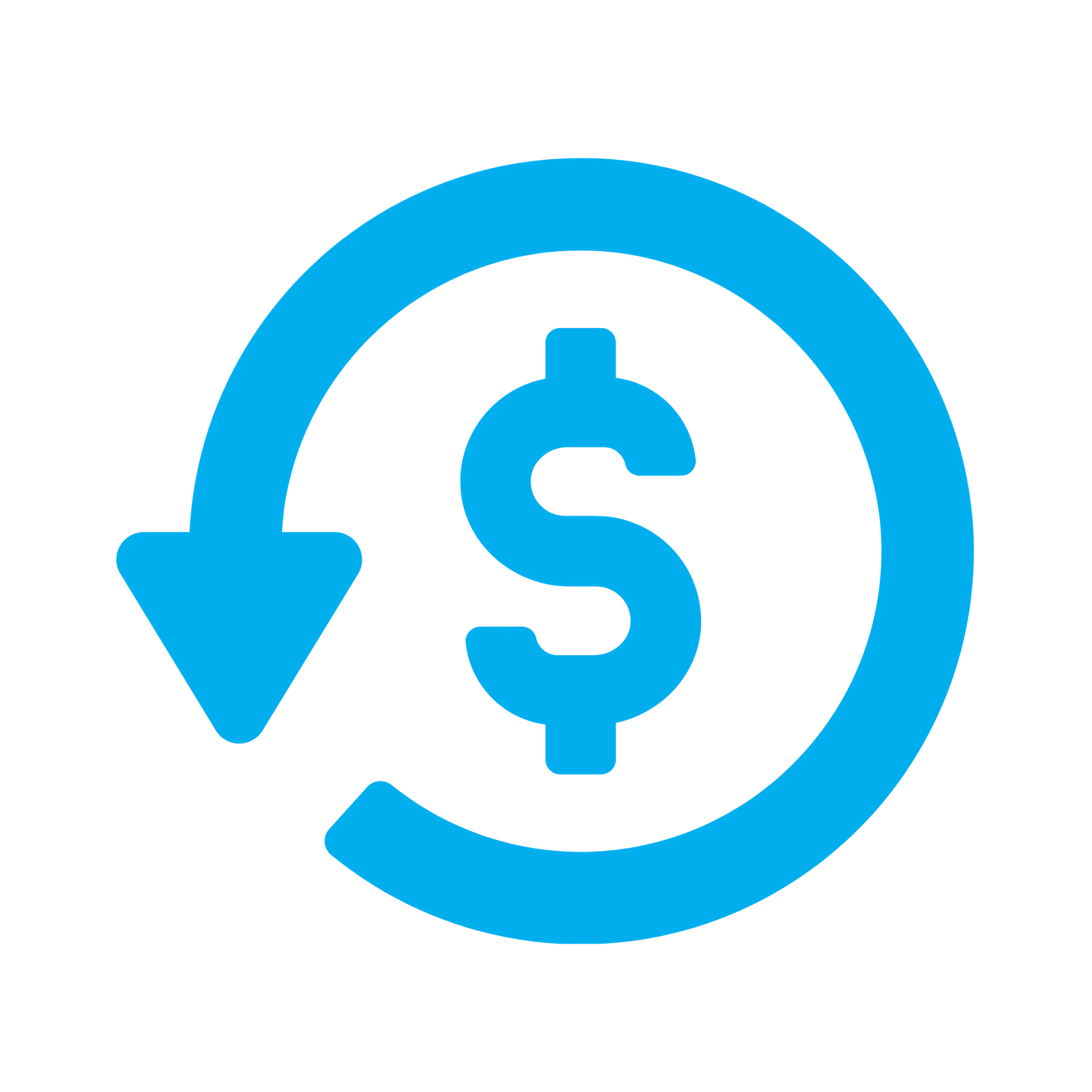 Blue dollar sign with a circular arrow around it indicating money refund or return.
