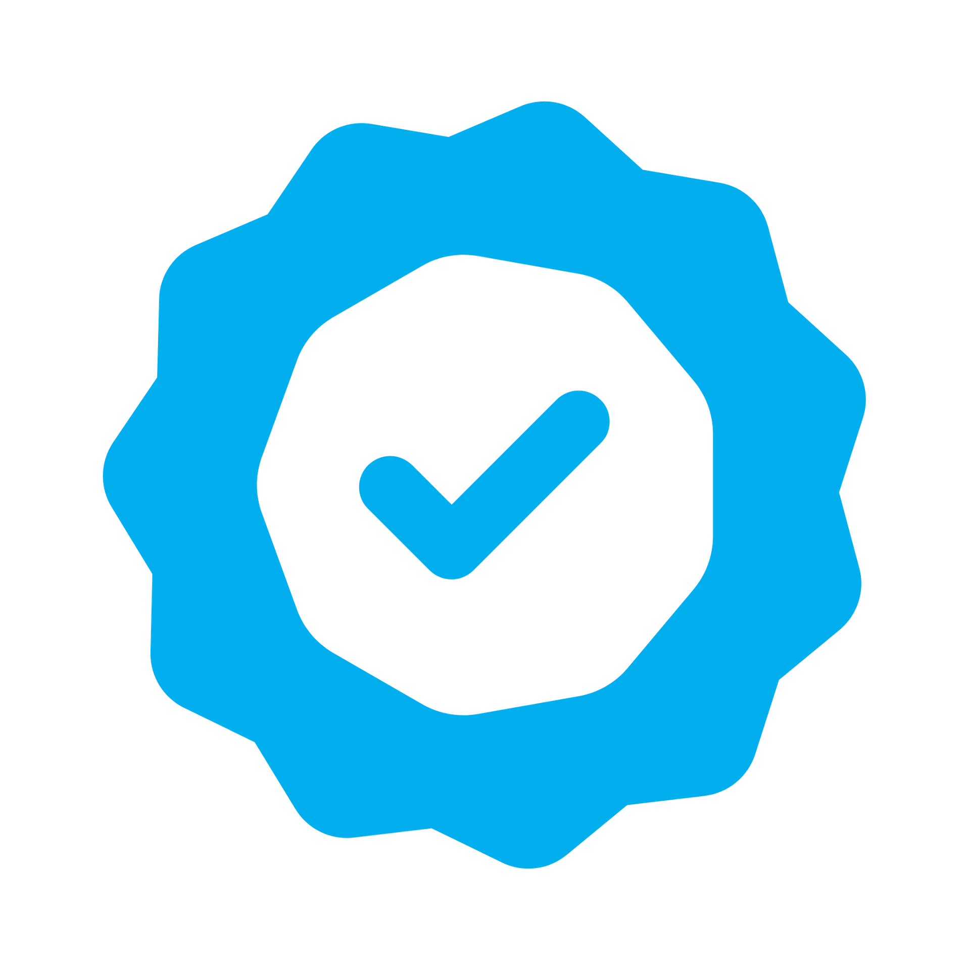 Blue badge icon with a check mark in the center indicating verification or approval.