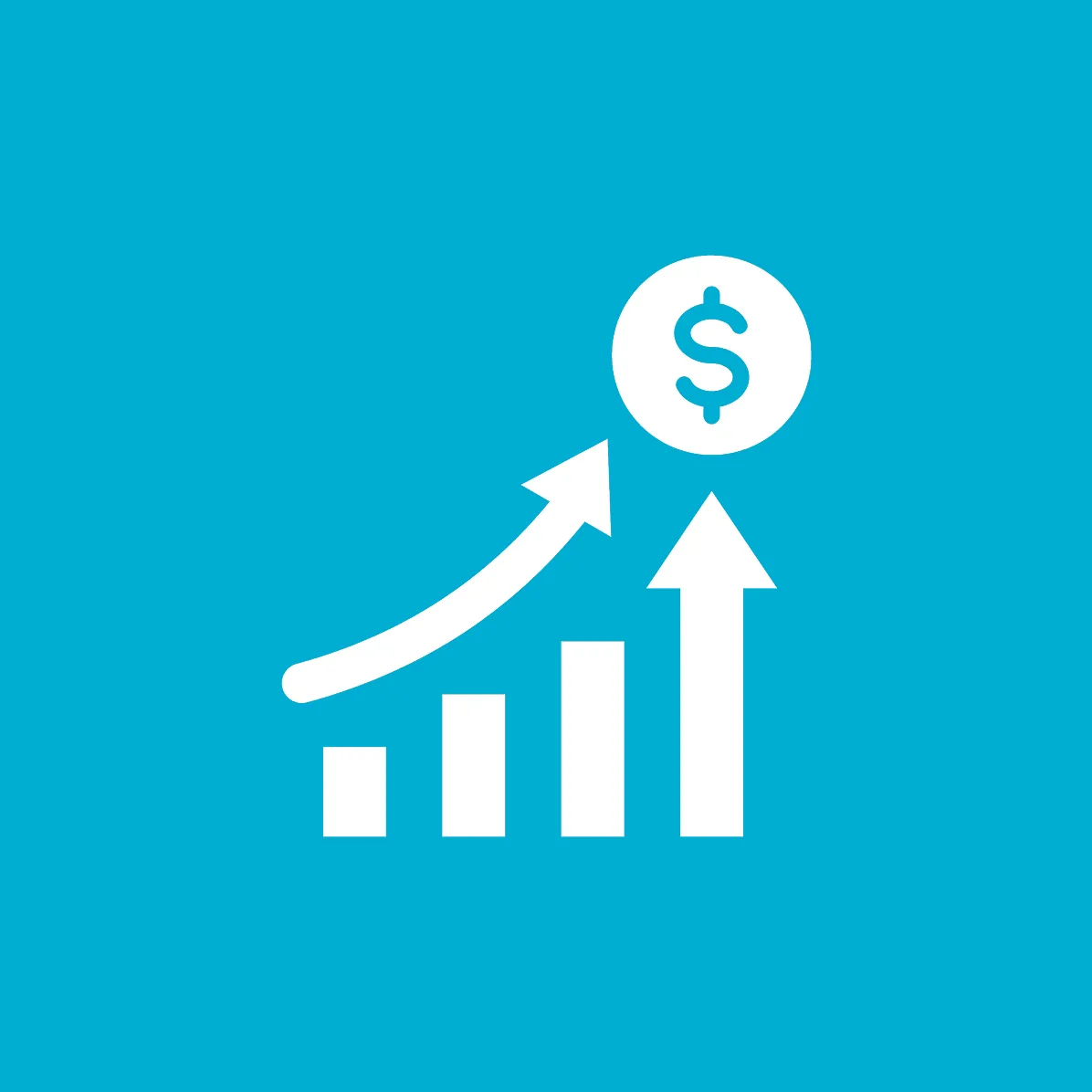 Icon with ascending bar chart, upward arrow, and dollar symbol on blue background representing financial growth or income increase.