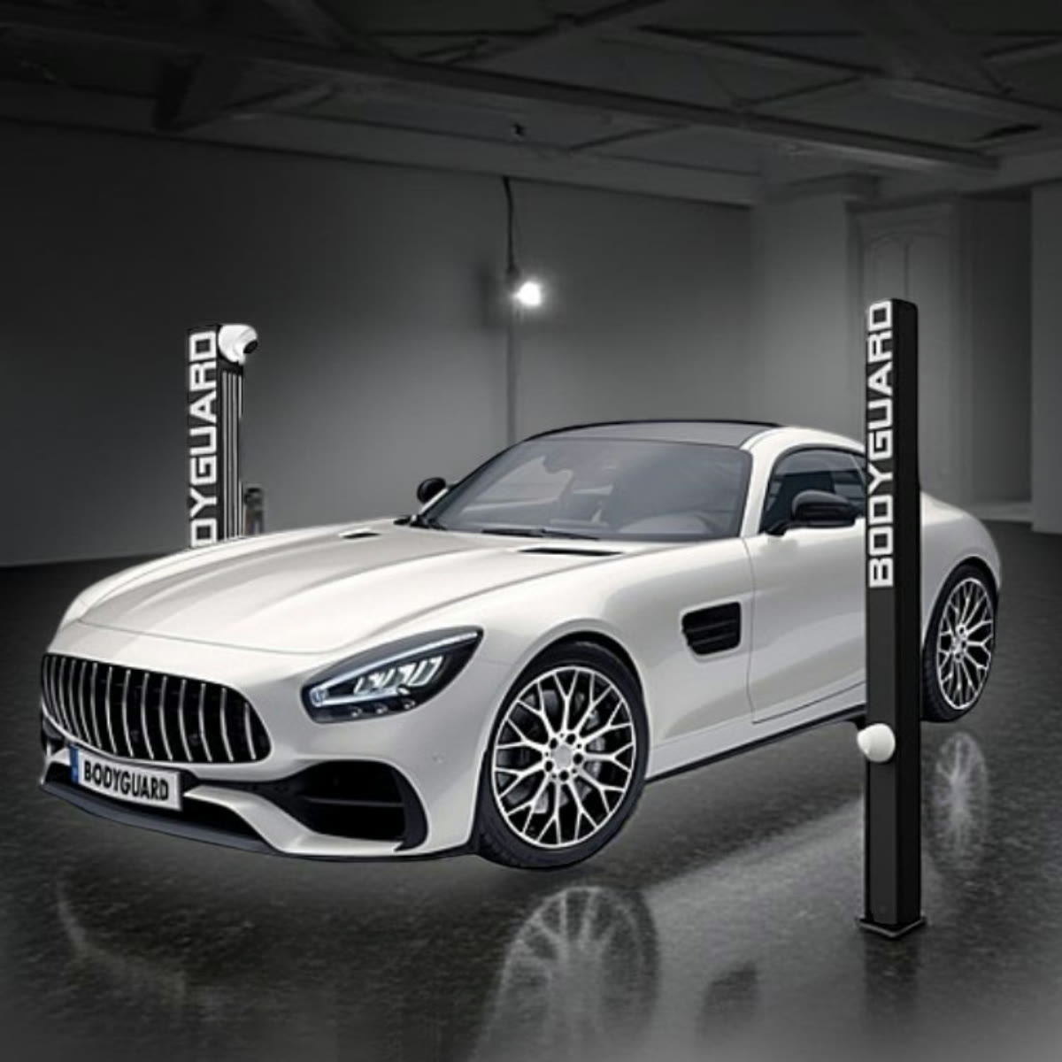 BODYGUARD inspection towers either side of a white sports car