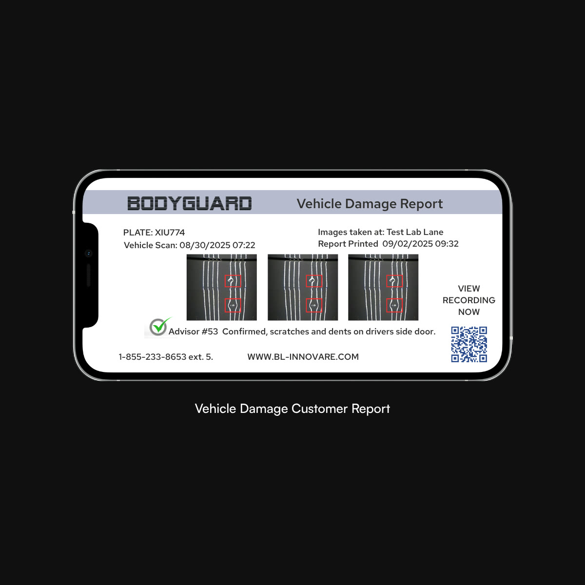 BODYGUARD vehicle damage customer report on a phone