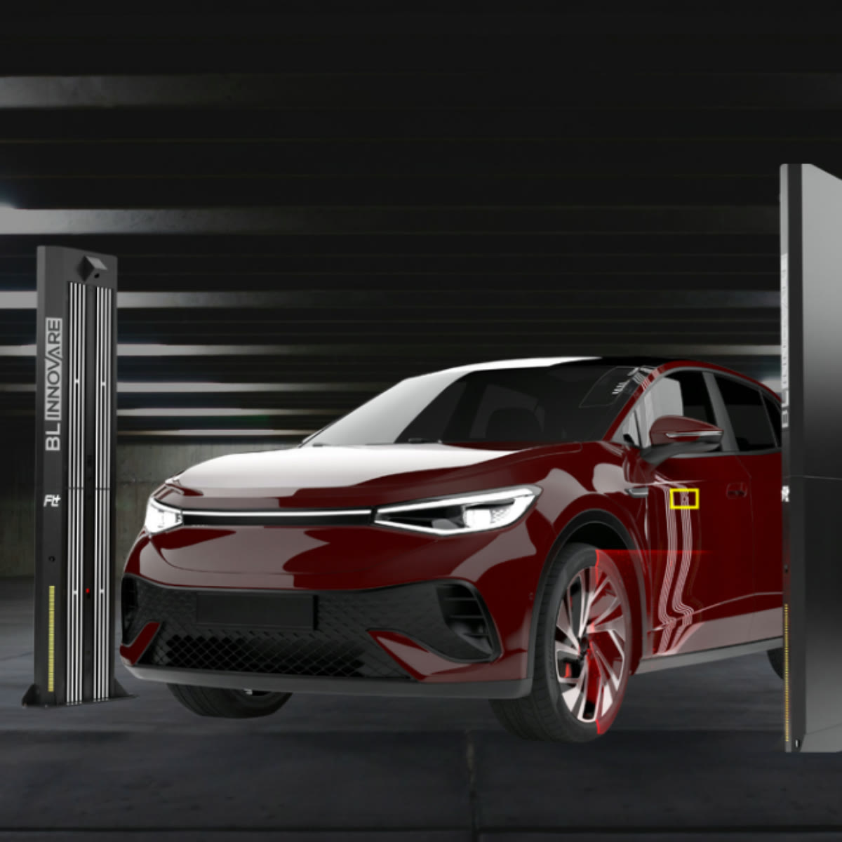 FASTLIGN towers scanning a red SUV