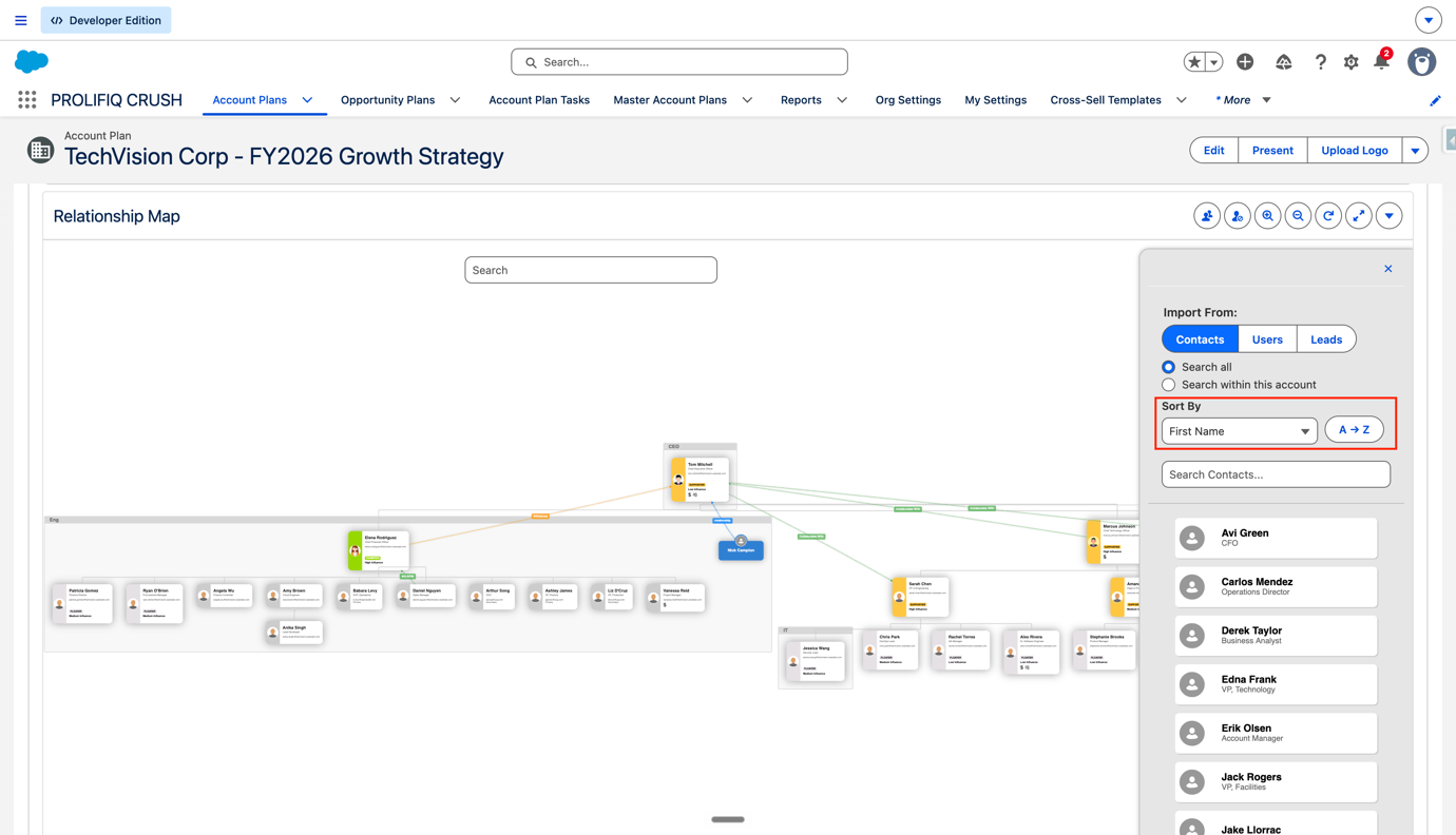 Relationship Map contact import Sort By menu