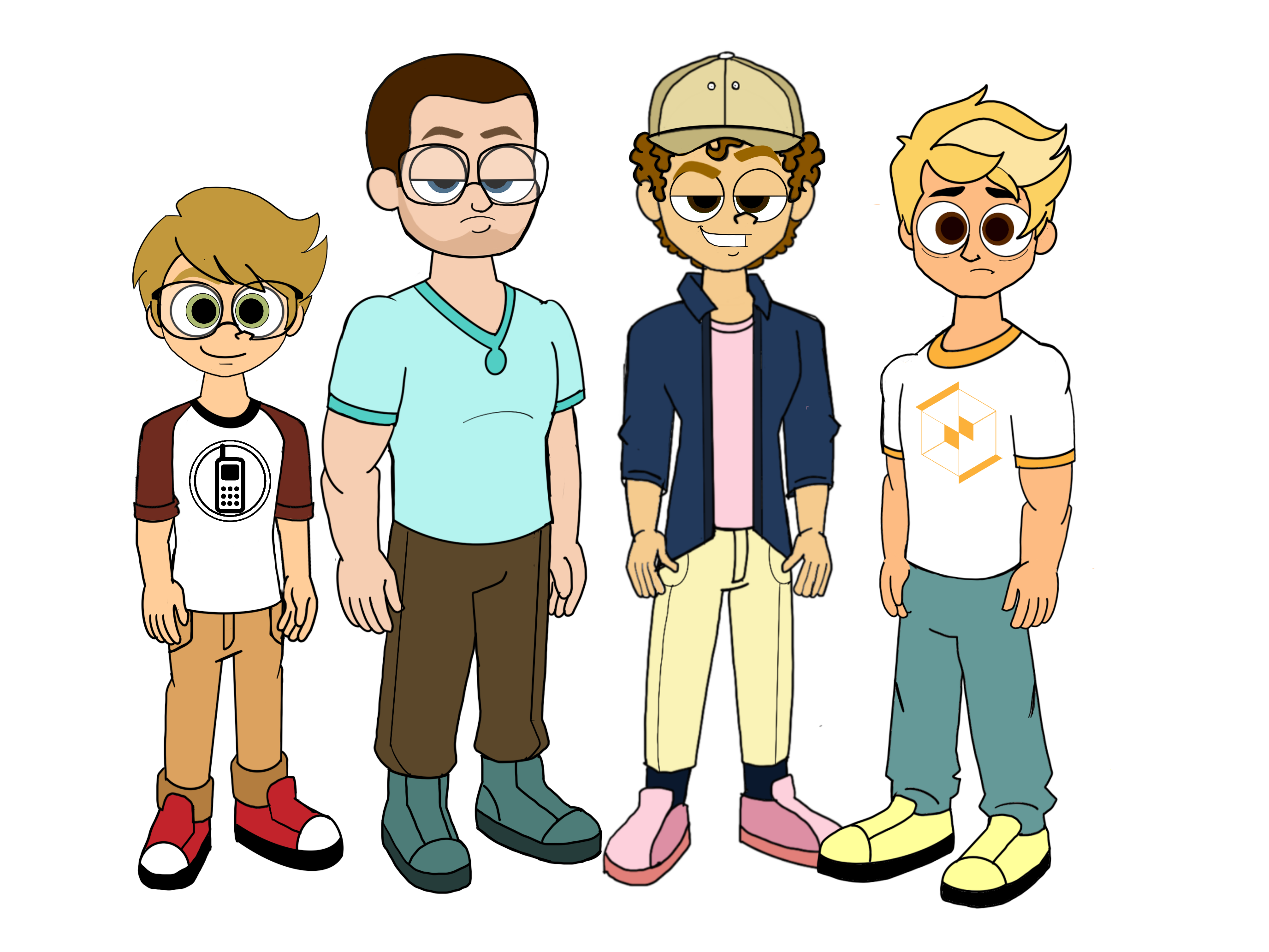 Illustration of four cartoon young men standing side by side with distinct hairstyles and casual clothes.