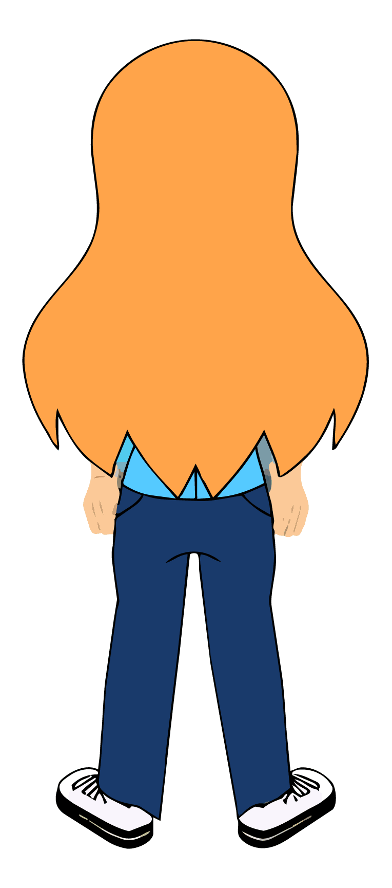 Cartoon character with long orange hair, wearing a blue shirt, dark blue pants, and white shoes, viewed from behind.
