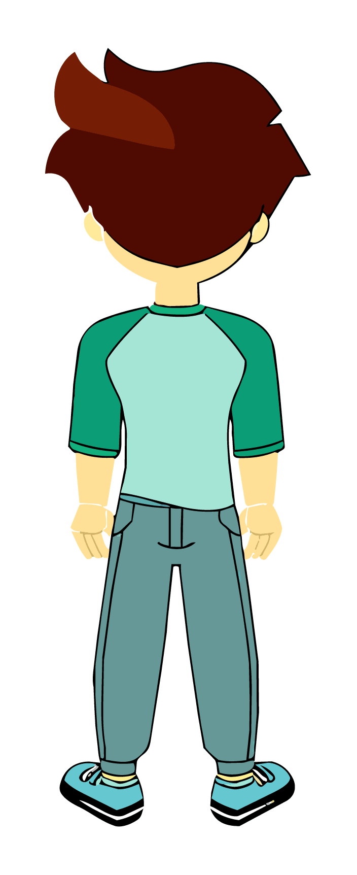 Cartoon boy with brown hair, green and light teal shirt, blue pants, and blue shoes standing facing backward.