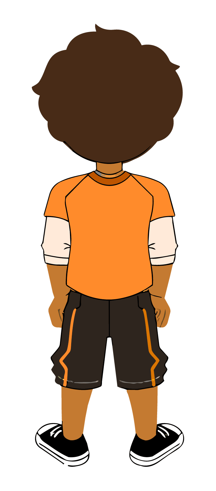 Cartoon boy with dark curly hair, wearing an orange short-sleeve shirt over a long-sleeve beige shirt, black shorts with orange stripes, and black sneakers, facing away.