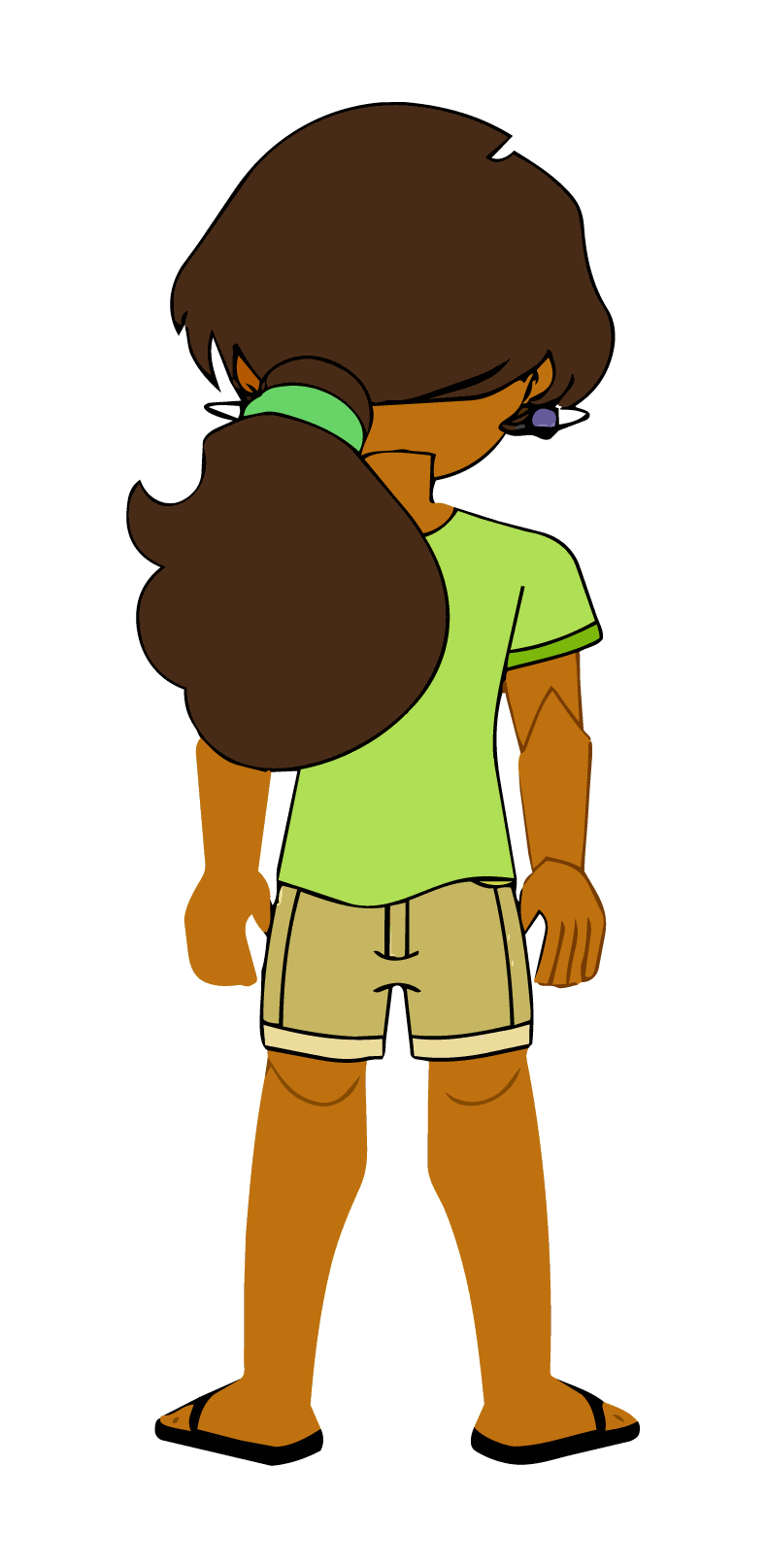 Animated character viewed from the back wearing a green shirt, beige shorts, and black sandals, with long brown hair tied in a ponytail and a purple earring.