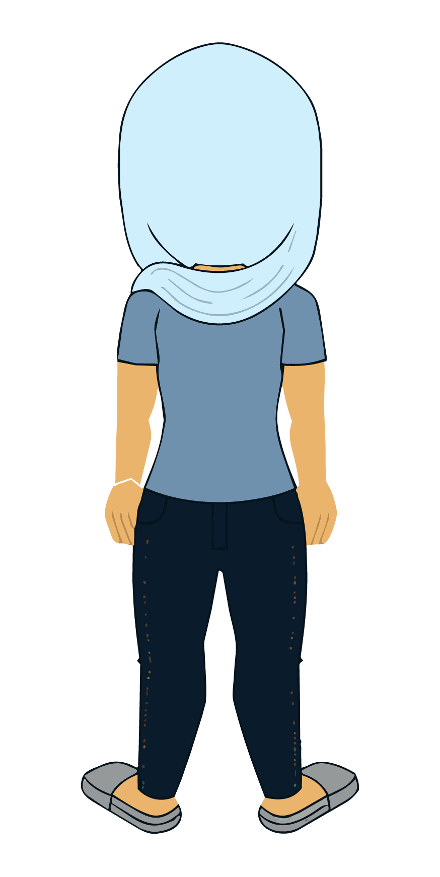 Illustration of a person wearing a light blue headscarf, blue short-sleeve shirt, dark jeans, and gray slip-on shoes, viewed from the back.