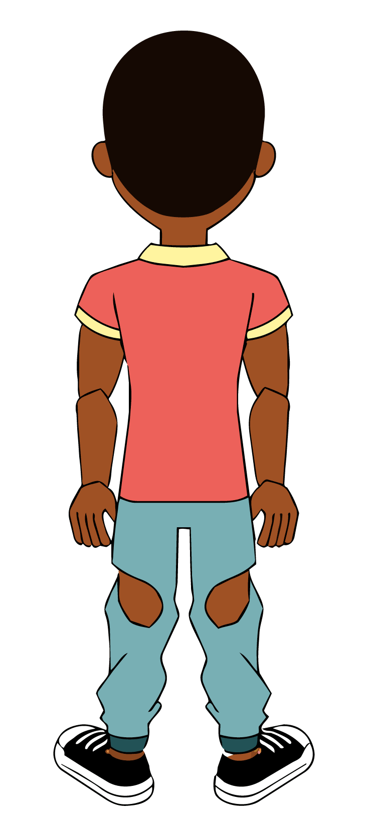 Illustration of a person viewed from the back wearing a red shirt with yellow collar and sleeve cuffs, blue ripped jeans, and black sneakers.