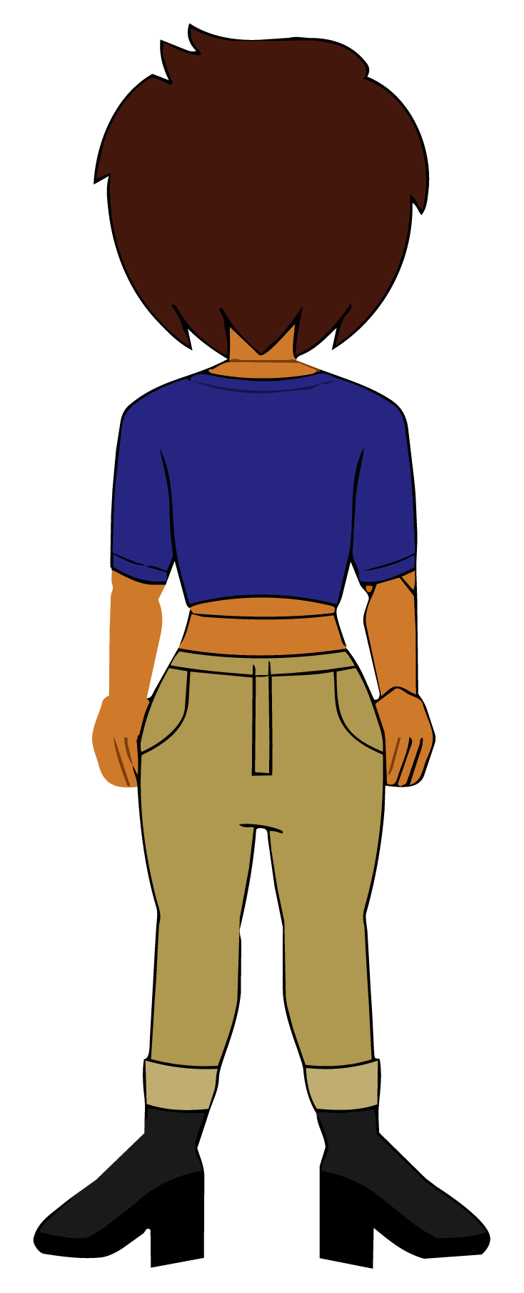 Animated character with short brown hair facing away, wearing a blue cropped shirt, beige pants, and black boots.