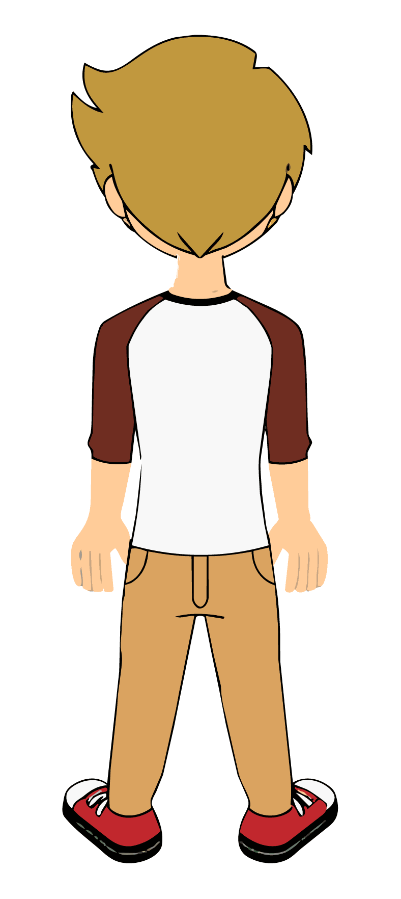Cartoon of a boy with light brown hair wearing a white and brown raglan shirt, tan pants, and red sneakers, viewed from behind.