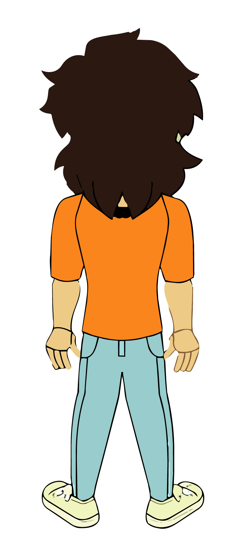Cartoon character with messy dark brown hair wearing an orange shirt, light blue pants, and beige shoes seen from behind.