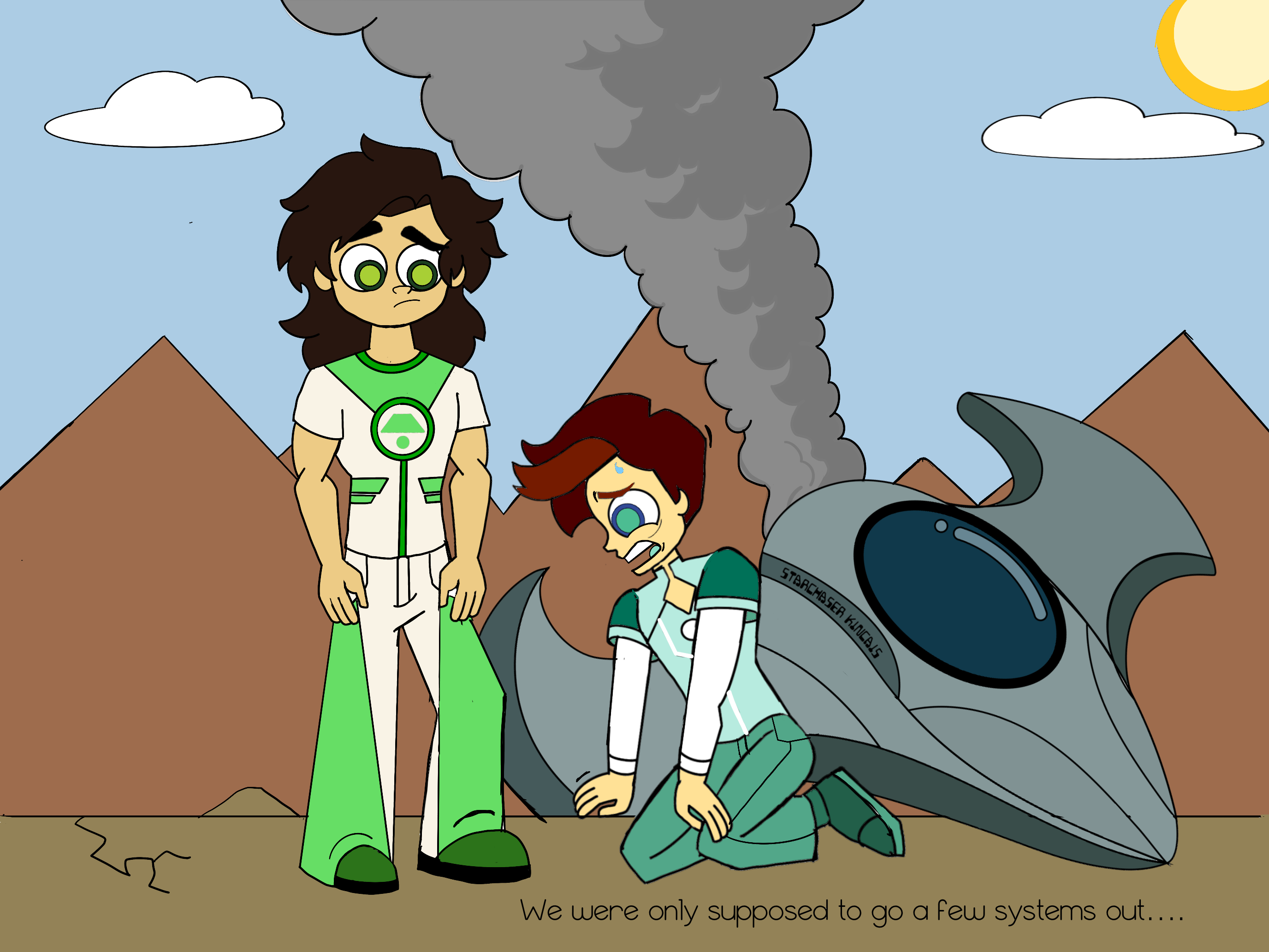 Two cartoon characters in front of pyramids with a crashed spaceship emitting smoke; one character looks sad and the other kneels sweating, captioned 'We were only supposed to go a few systems out....'