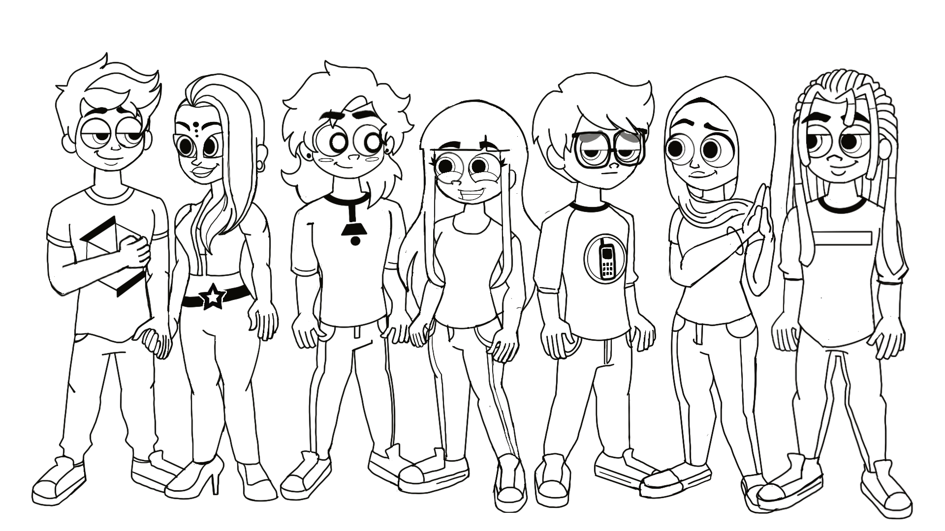 Line drawing of seven diverse cartoon characters standing side by side, each with unique hairstyles, clothing, and expressions.