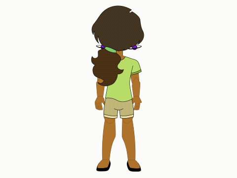 Animated character of a girl with brown hair tied in a ponytail with purple bands, wearing a green shirt and beige shorts.