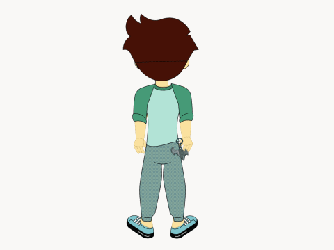 Animated character with brown hair, wearing a green and teal long sleeve shirt and blue pants, viewed from the back holding a gray game controller.