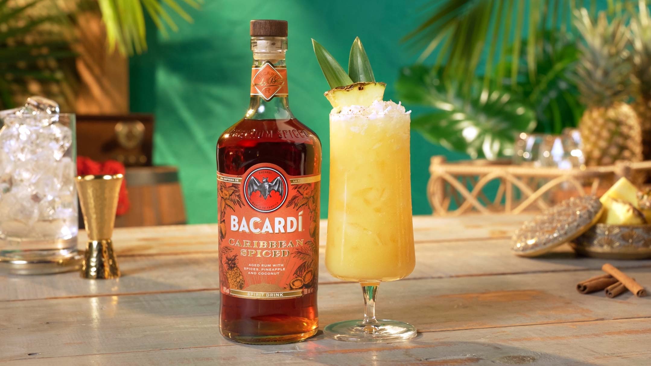 Cinematic tabletop drink videography featuring Bacardi Caribbean Spiced rum and tropical cocktail on a custom-built set — high-end beverage video production by Big River Film Co. using handcrafted lighting and styling.