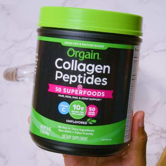 Orgain Collagen Peptides product shot captured on a custom tabletop set — professional food and beverage product photography by Big River Film Co. highlighting premium supplement packaging.