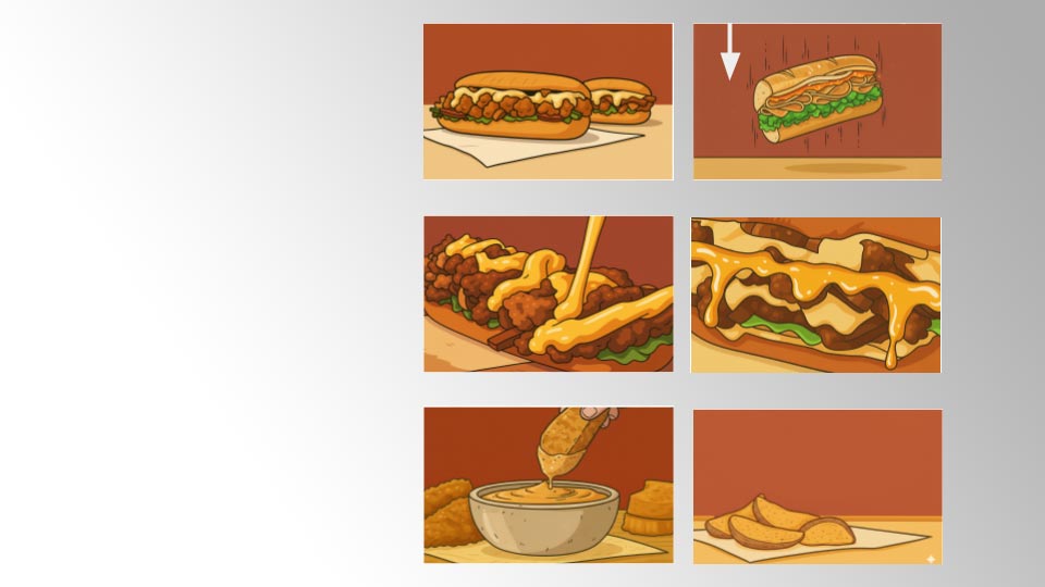 Illustrated storyboard from Big River Film Co.’s food and beverage creative concept phase, showcasing dynamic sandwich and dipping shots used to visualize commercial ideas before tabletop video production.