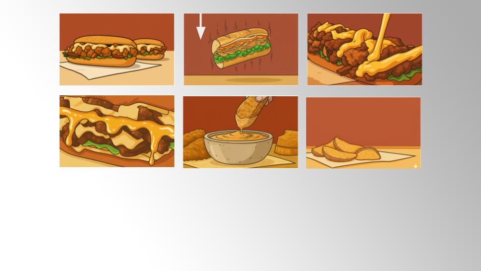 Illustrated storyboard from Big River Film Co.’s food and beverage creative concept phase, showcasing dynamic sandwich and dipping shots used to visualize commercial ideas before tabletop video production.