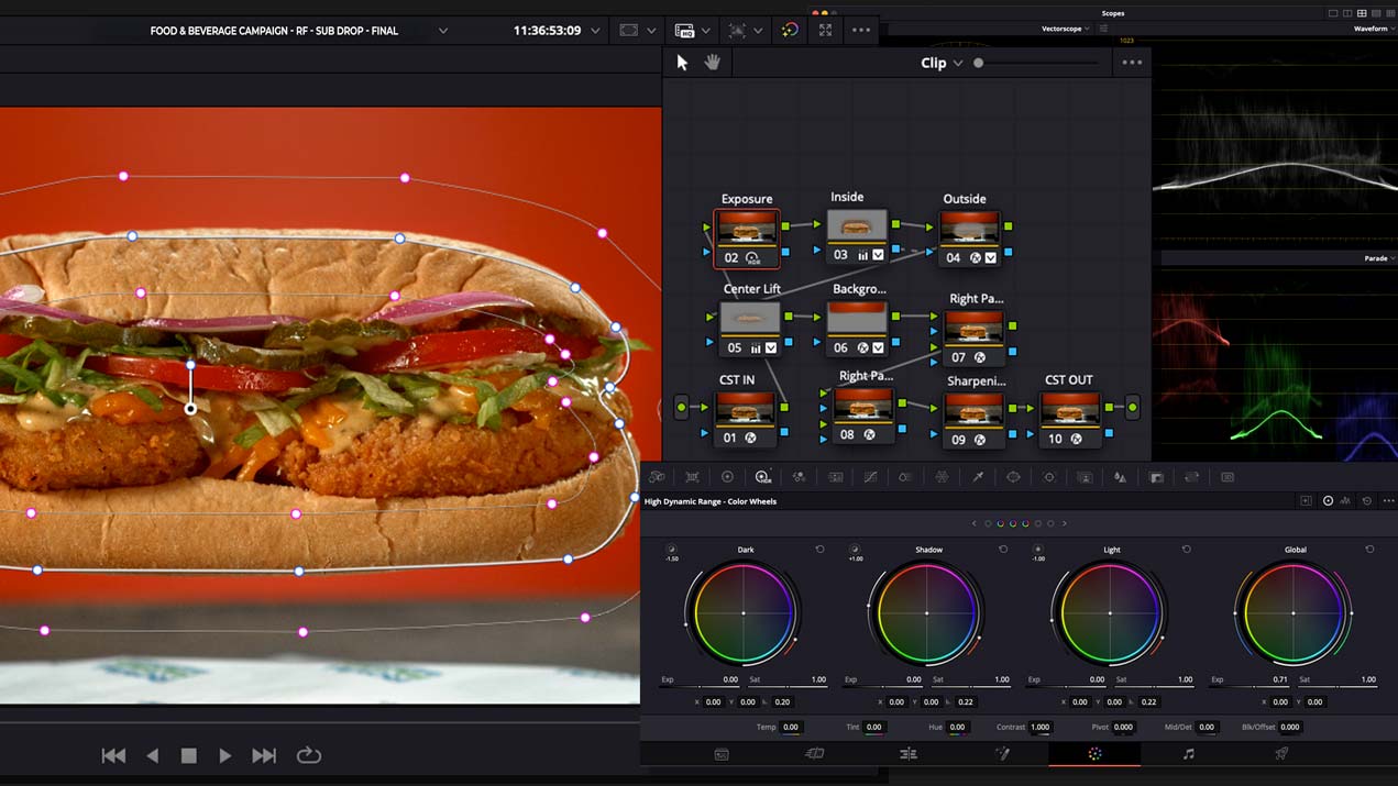 Color grading workflow in DaVinci Resolve showing exposure, contrast, and saturation nodes from a Royal Farms campaign, representing Big River Film Co.’s high-end post-production process for food and beverage video content.