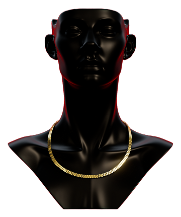 Black mannequin bust wearing a gold chain necklace with subtle red lighting on edges.