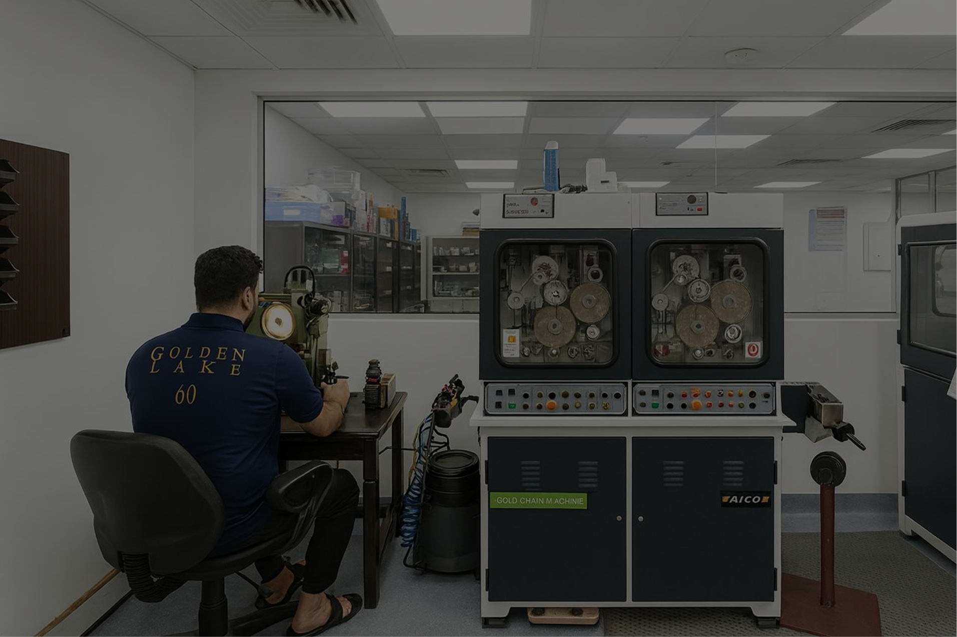 Man seated on a swivel chair working at a machine with dials and gears in a laboratory or workshop room.