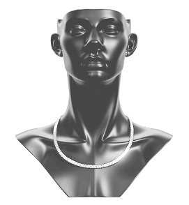 silver mannequin bust wearing a gold chain necklace with subtle red lighting on edges.