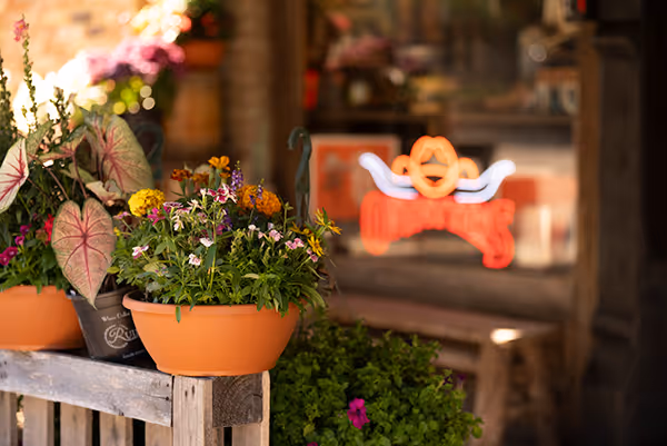 Clay flower pot with blooming yellow and purple flowers placed on a wooden crate in an outdoor setting.