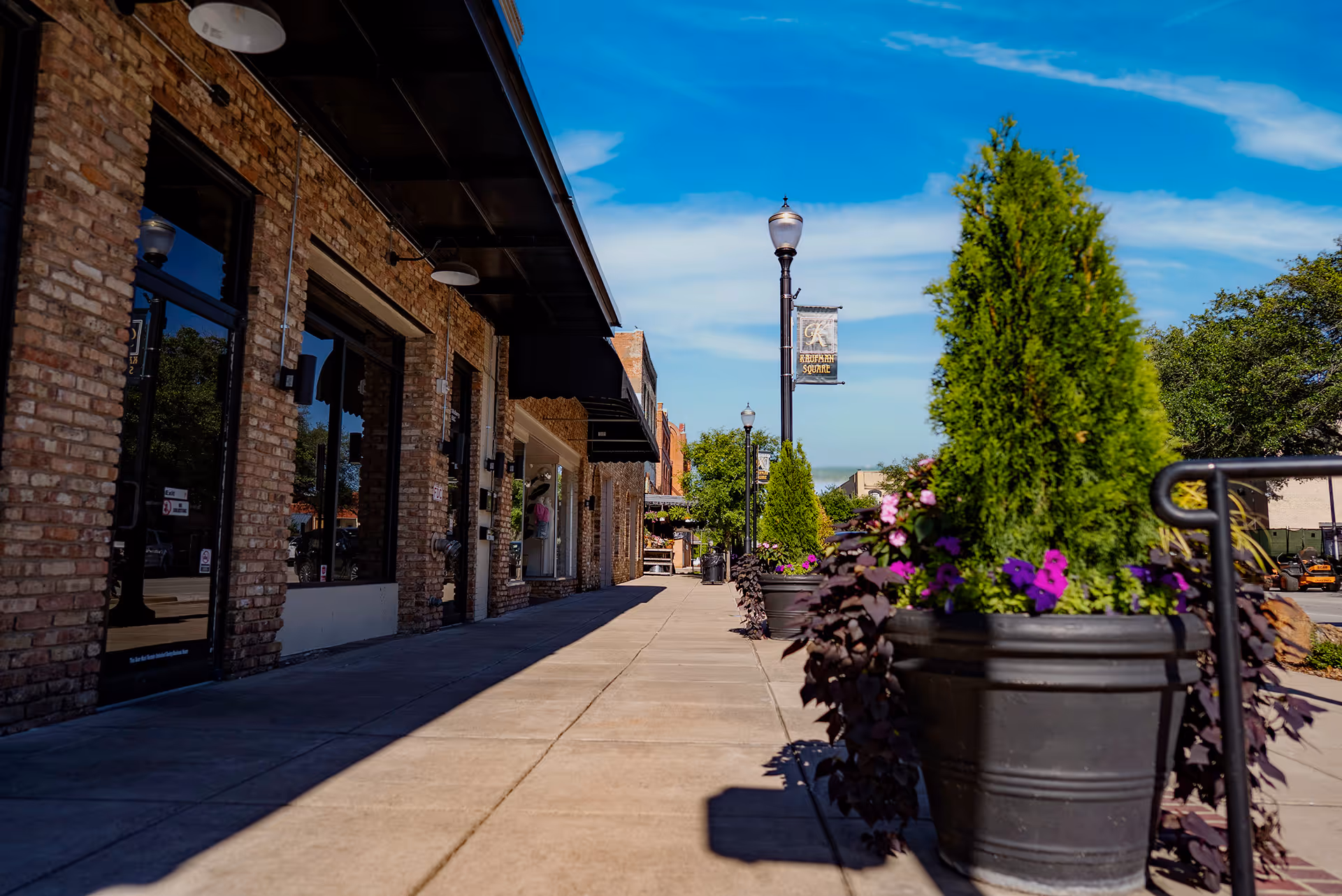 Sidewalk with large planters containing green shrubs and purple flowers in front of brick storefronts under a clear blue sky.