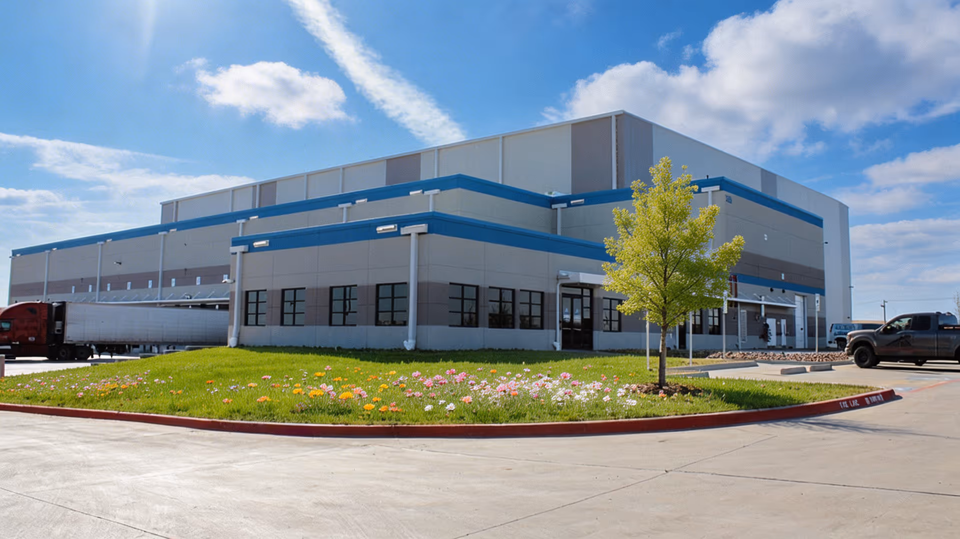 Modern industrial warehouse building with blue accents, a flowerbed, a tree, and parked trucks under a partly cloudy sky.