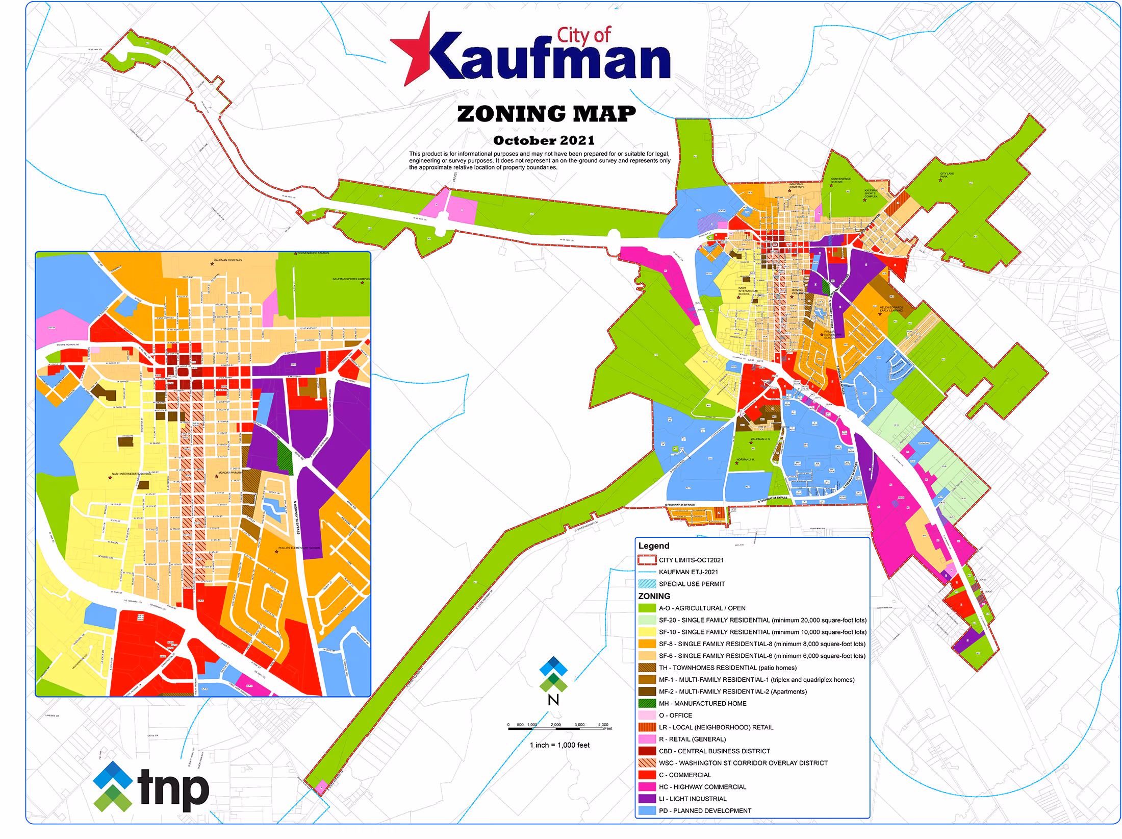 City of Kaufman zoning map with colored zones representing residential, commercial, industrial, and agricultural areas.