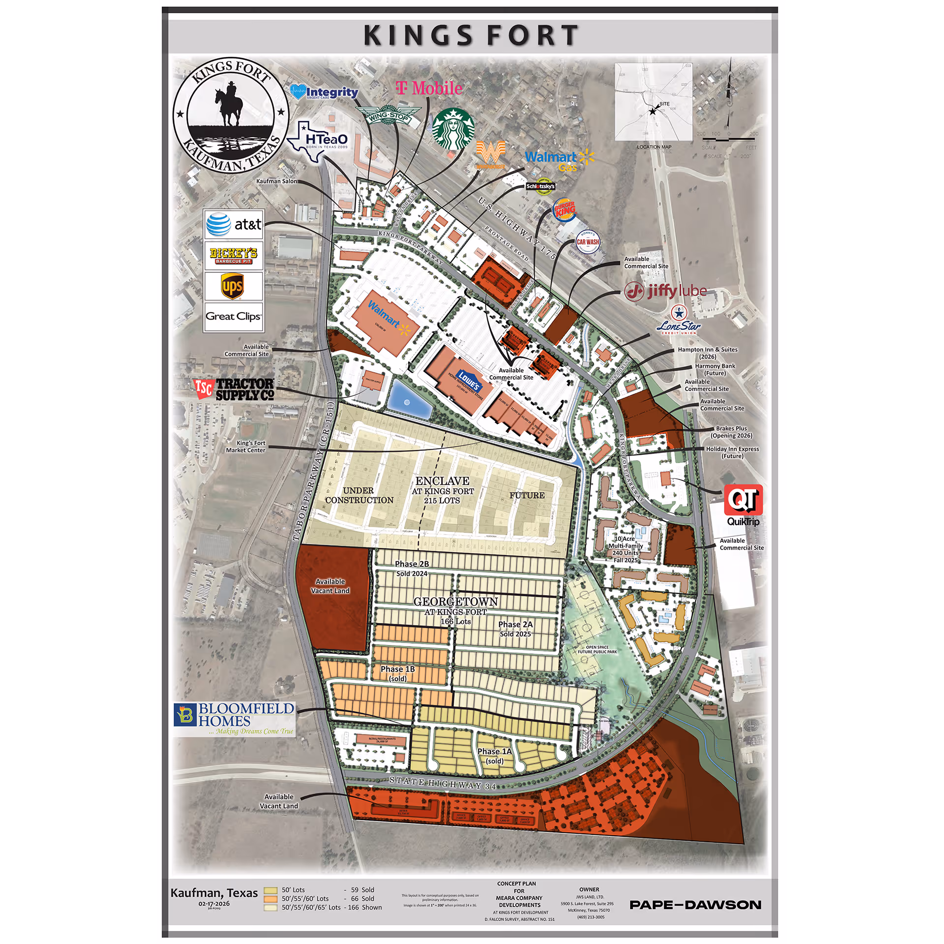 Kings Fort site map showing commercial sites, residential lots, and major stores in Kaufman, Texas.