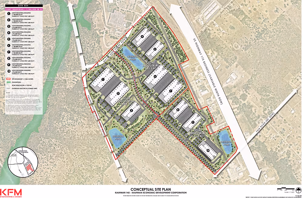 Conceptual site plan showing light industrial buildings, detention ponds, roads, and site boundary in Kaufman.