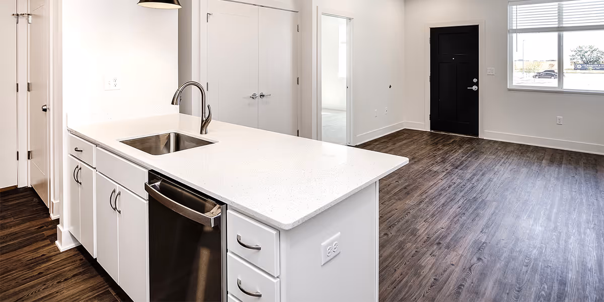 View of the sink and living room 