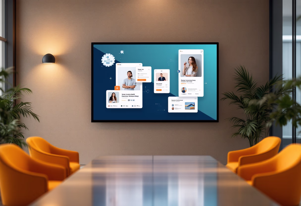 [background image] image of a digital display screen with marketing visuals (for an ai marketing tech company)