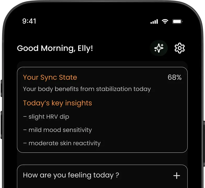 Mobile screen showing health app greeting 'Good Morning, Elly!' with sync state at 68%, key insights on HRV dip, mood sensitivity, and skin reactivity, and a prompt asking 'How are you feeling today?'