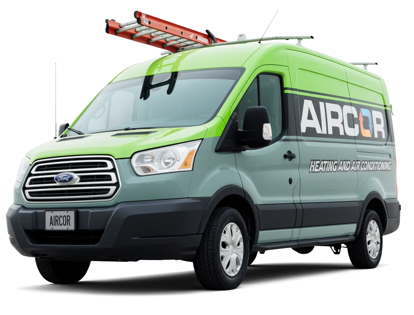 Green and gray Ford service van with ladder on roof and AIRCOR Heating and Air Conditioning branding on side.