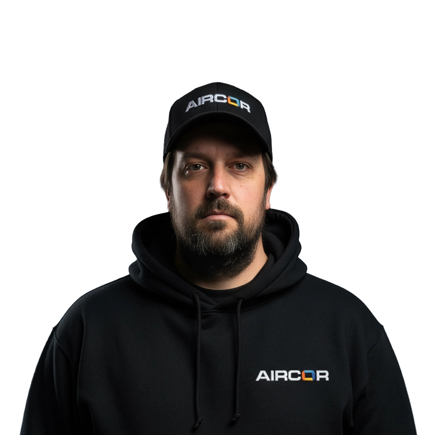 Man with beard wearing a black Aircor cap and black hoodie with the Aircor logo.